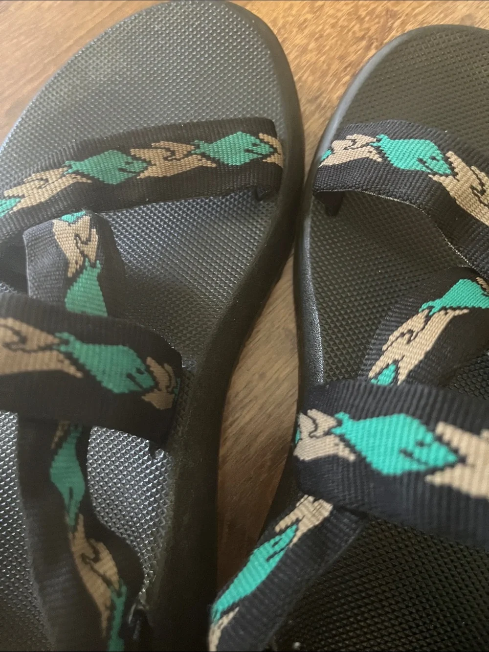 Chaco Sandals Z/1 Tan Teal Straps with Fish and Birds Size 10.5 Men’s Size 9